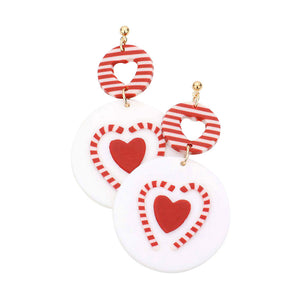 Red Heart Candy Cane Accented Round Polymer Clay Dangle Earrings, get ready with these beautiful heart candy cane earrings to receive compliments this Christmas. Add a pop of color to your ensemble with a nice glow. Perfect for adding just the right amount of shimmer & shine and a touch of class to special events.