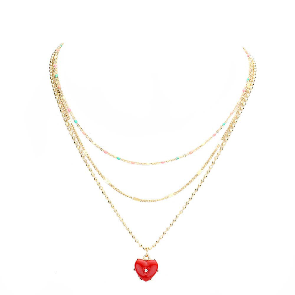 Red Heart Pendant Triple Layered Necklace, This beautiful heart-themed necklace is the ultimate representation of your class & beauty. Get ready with these Pendant Necklaces to put on a pop of color to complete your ensemble in perfect style. Perfect for adding just the right amount of shimmer & shine and a touch of class to any event or occasion. Absolutely an excellent gift for your friends, family, and the persons you love and care about the most.