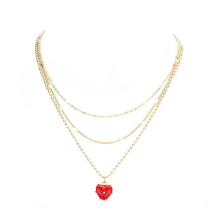 Red Heart Pendant Triple Layered Necklace, This beautiful heart-themed necklace is the ultimate representation of your class & beauty. Get ready with these Pendant Necklaces to put on a pop of color to complete your ensemble in perfect style. Perfect for adding just the right amount of shimmer & shine and a touch of class to any event or occasion. Absolutely an excellent gift for your friends, family, and the persons you love and care about the most.