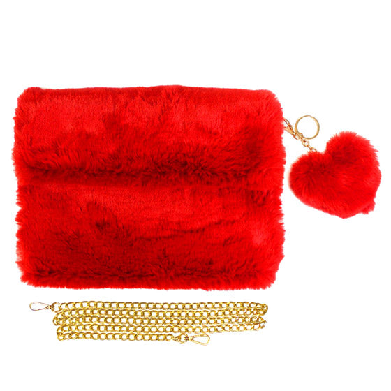 Red Detachable Heart Pom Pom Keychain Faux Fur Crossbody Bag the must have statement look, adds a chic, trendy touch to your ensemble. Add a pop of color with this versatile bag, detachable gold chain shoulder strap so you can switch up the style to suit your outfit, great for a night out. Soiree-ready perfect for wedding, prom, night out, sweet 16, Quinceañera. perfect birthday gift, anniversary gift, valentine's day gift, etc. 