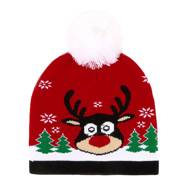 Red Holiday Rudolph Printed Yarn Pom Pom Beanie Hat. Before running out the door into the cool air, you’ll want to reach for these toasty beanie to keep your hands incredibly warm. Accessorize the fun way with these beanie, it's the autumnal touch you need to finish your outfit in style. Awesome winter gift accessory!