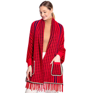 Red Houndstooth Patterned Poncho, is the perfect representation of beauty and comfortability for this winter. It will surely make you stand out with its beautiful color variation. It goes with every winter outfit and gives you a unique yet beautiful outlook everywhere. You can throw it on over so many pieces elevating any casual outfit! Perfect Gift for Wife, Mom, Birthday, Holiday, Christmas, Anniversary, Fun Night Out. Stay warm and toasty!