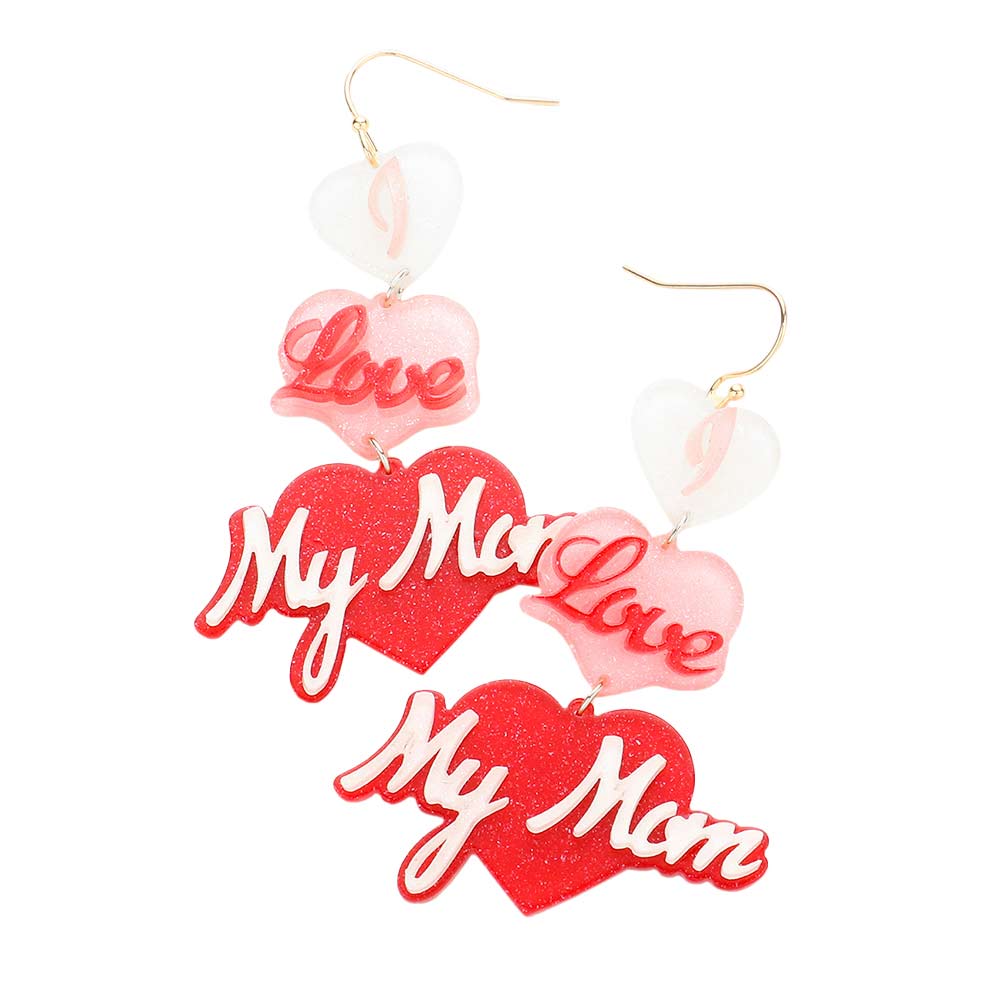 Red I Love My Mom Glittered Resin Triple Heart Message Earrings, are a beautiful pair of earrings that is perfect for showing your love for your mom. Wear while going out with mom or on mother's day, valentine's day, family occasions, mom's birthday, & other meaningful occasions with mom. A fantastic gift for your mom.