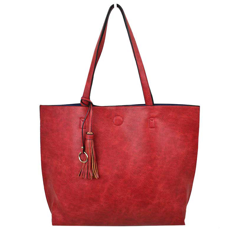 Red Large Tote Reversible Shoulder Vegan Leather Tassel Handbag, High quality Vegan Leather is a luxurious and durable, Stay organized in style with this square-shaped shopper tote purse that is fully reversible for two contrasting interior and exterior solid colors. This vegan leather handbag includes an on-trend removable tassel embellishment. Guaranteed, This will be your go-to handbag. 