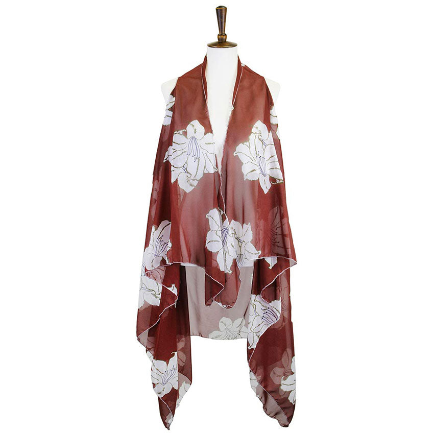 Red Lily Flower Patterned Chiffon Cover Up Vest, The Luxurious, trendy, super soft lightweight Vest top is made of soft and breathable Polyester material. The Flower Patterned Chiffon Vest Cover up with open front design. Perfect Gift for Wife, Birthday, Holiday, Anniversary, Just Because Gift, Fun Night Out.