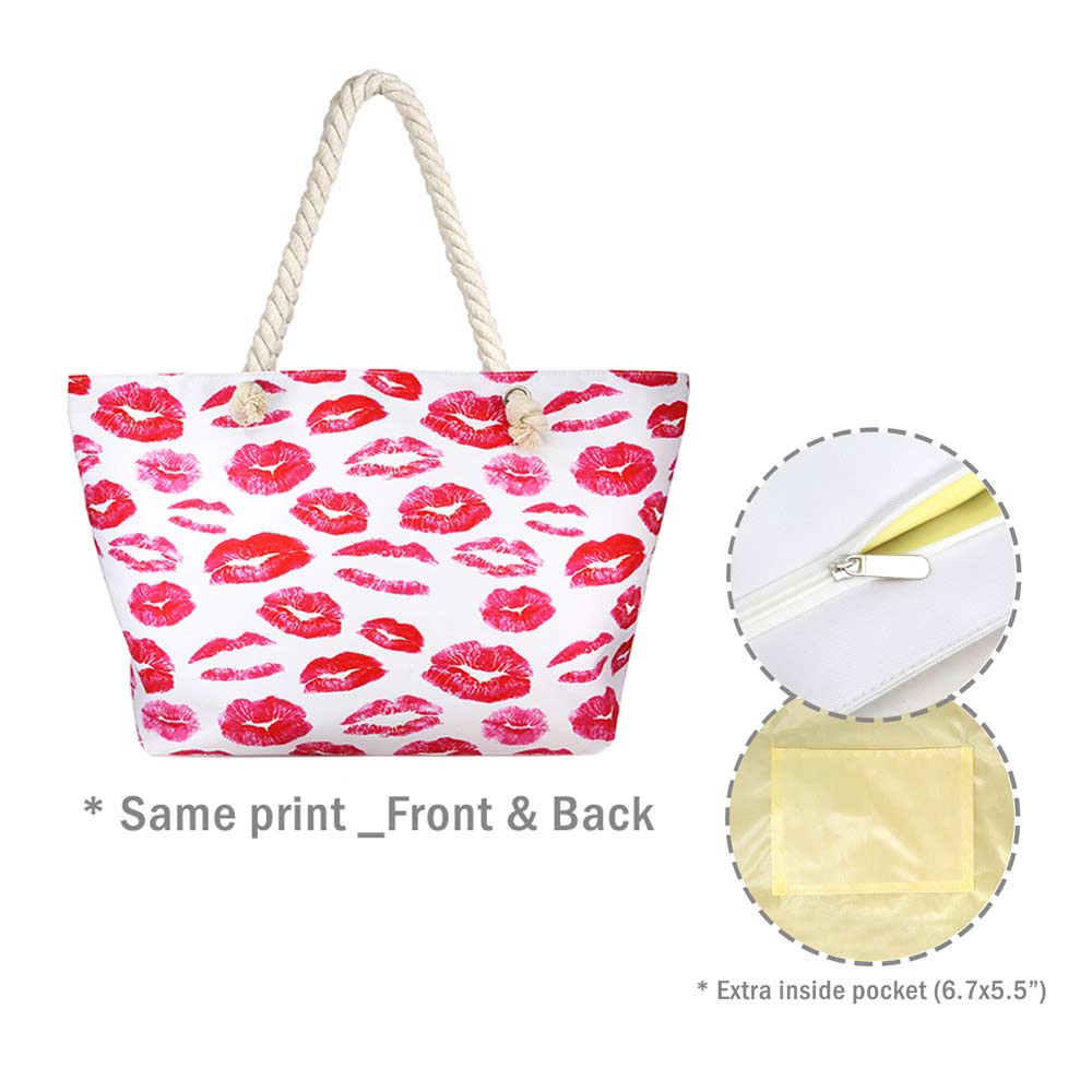 Red Lips Patterned Beach Tote Bag, This lips tree patterned tote bag is versatile enough for wearing through the week, simple and leisurely, elegant and fashionable, suitable for women of all ages, and ultra-lightweight to carry around all day. The interior has enough capacity for keys, phones, cards, sunglasses, purses, lipsticks, books, and water bottles. This beach tote bag can hold up all your daily necessities. 