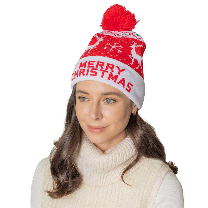 Red MERRY CHRISTMAS Pom Holiday Beanie Hat, before running out the door into the cool air, you’ll want to reach for this toasty beanie to keep you incredibly warm. Accessorize the fun way with this beanie winter hat, it's the autumnal touch you need to finish your outfit in style. This beanie will highlight your Christmas festive outfit. Awesome winter gift accessory! Perfect Gift Birthday, Christmas, Stocking Stuffer, Secret Santa, Holiday, Anniversary, Valentine's Day, Loved One.