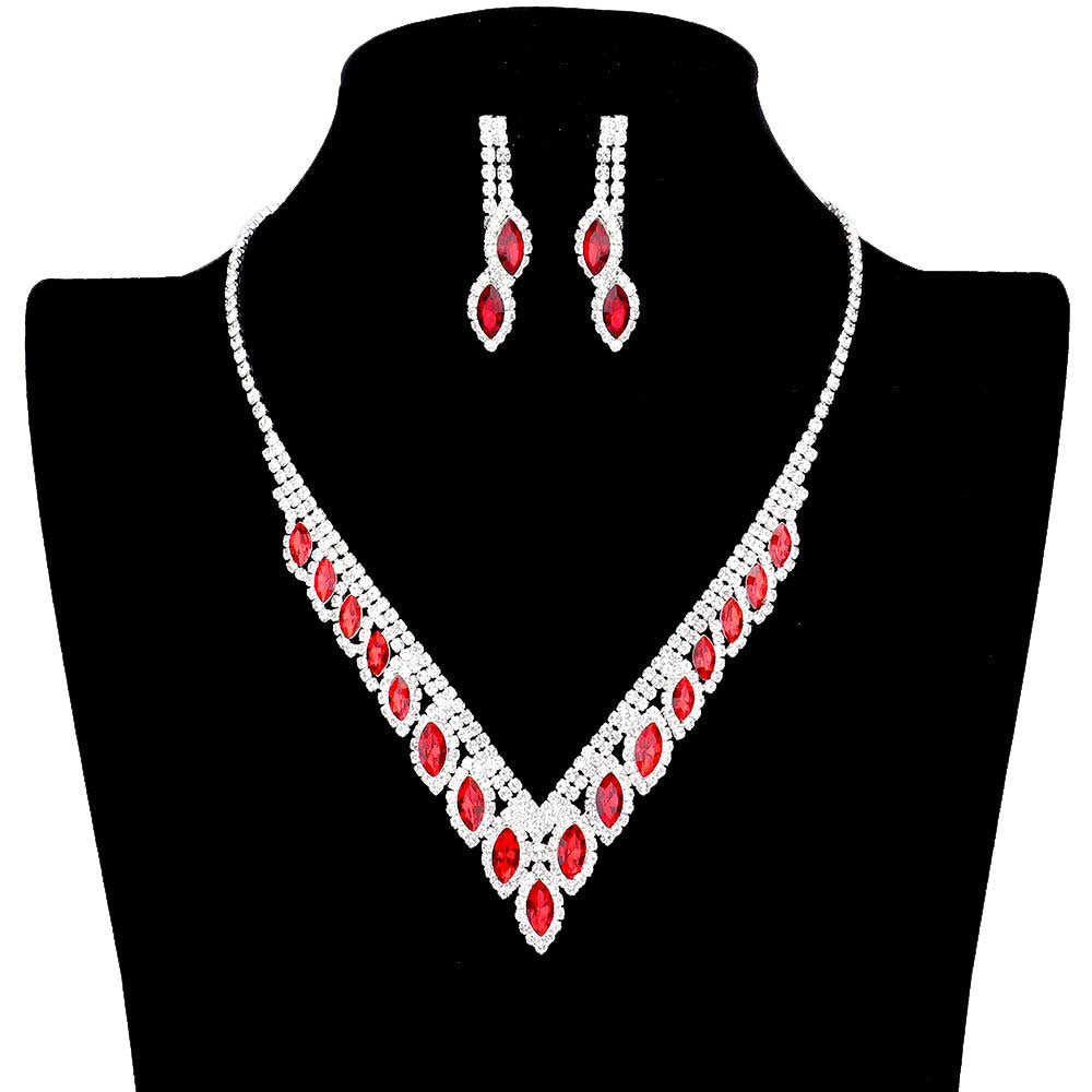 Red Marquise Stone Accented Rhinestone Necklace. These gorgeous Rhinestone pieces will show your class on any special occasion. The elegance of these rhinestones goes unmatched, great for wearing at a party! Perfect for adding just the right amount of glamour and sophistication to important occasions.
