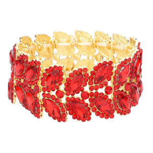 Red Marquise Stone Embellished Stretch Evening Bracelet, This Marquise Stretch Bracelet sparkles all around with it's surrounding round stones, stylish stretch bracelet that is easy to put on, take off and comfortable to wear. It looks modern and is just the right touch to set off LBD. Perfect jewelry to enhance your look. Awesome gift for birthday, Anniversary, Valentine’s Day or any special occasion.