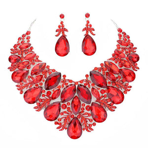 Red Marquise Teardrop Stone Accented Leaf Evening Necklace. Wear together or separate according to your event, versatile enough for wearing straight through the week, perfectly lightweight for all-day wear, coordinate with any ensemble from business casual to everyday wear, the perfect addition to every outfit. Perfect Birthday Gift, Anniversary Gift, Mother's Day Gift, Valentine's Day Gift.