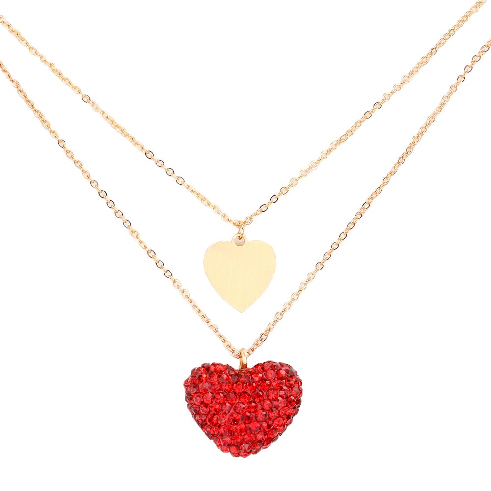 Red Metal Rhinestone Pave Heart Pendant Double Layered Necklace, This beautiful heart-themed pendant necklace is the ultimate representation of your class & beauty. Get ready with these heart pendant necklaces to receive compliments putting on a pop of color to complete your ensemble in perfect style for anywhere, any time.