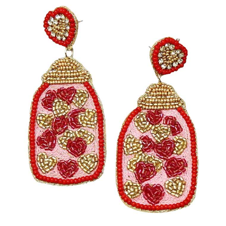 Red Multi Jar Of Hearts Seed Beaded Drop Earrings, take your love for statement accessorizing to a new level of affection with these seed-beaded drop earrings. Accent all of your dresses with the extra fun vibrant color with these heart-drop earrings. Wear these lovely earrings to make you stand out from the crowd & show your trendy choice this valentine. 