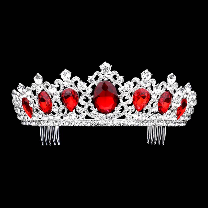 Red Oval Teardrop Stone Accented Princess Tiara, this teardrop stone princess tiara is made of awesome teardrop stones that make you more gorgeous and luxurious on special occasions. Perfect for adding just the right amount of shimmer & shine, will add a touch of class, beauty and style to your special events. It is charming, beautiful and will make a magnificent finishing touch for any hairstyle. Show your royalty with this Teardrop Princess Tiara.