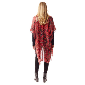 Red Peacock Feather Printed Ruana Poncho, beautifully Peacock Feather designed Poncho is made of soft and breathable material that amps up your real and gorgeous look with a perfect attraction anywhere, anytime. Its eye-catchy design makes it unique from others and makes you stand out. Coordinate with any ensemble to finish in perfect style and get ready to receive beautiful compliments. It will be your favorite accessory to wear everywhere with confidence.
