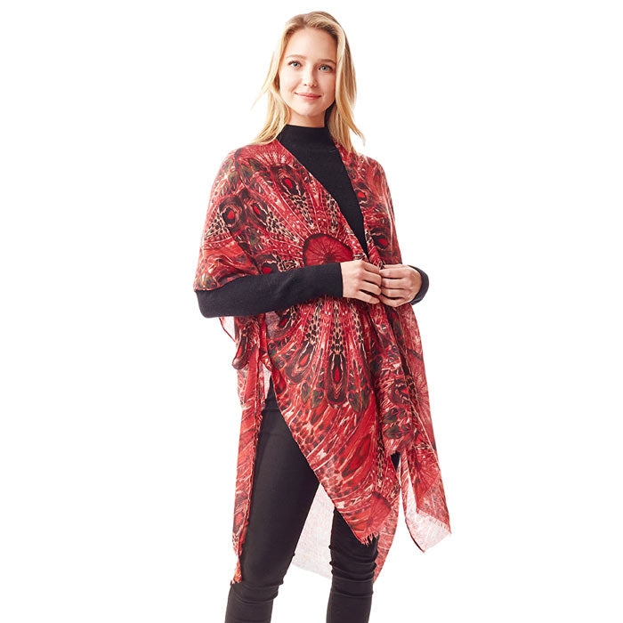 Red Peacock Feather Printed Ruana Poncho, beautifully Peacock Feather designed Poncho is made of soft and breathable material that amps up your real and gorgeous look with a perfect attraction anywhere, anytime. Its eye-catchy design makes it unique from others and makes you stand out. Coordinate with any ensemble to finish in perfect style and get ready to receive beautiful compliments. It will be your favorite accessory to wear everywhere with confidence.