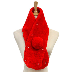 Red Pearl Embellished Faux Fur Pom Pom Pull Through Scarf, accent your look with this soft, highly versatile plaid scarf. A rugged staple brings a classic look, adds a pop of color & completes your outfit, keeping you cozy & toasty. Perfect Gift Birthday, Holiday, Christmas, Anniversary, Valentine's Day