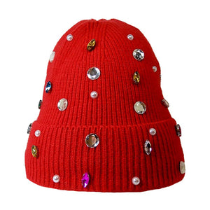 Red Pearl Jewel Embellished Fleece Lining Knit Beanie Hat, wear this beautiful beanie hat with any ensemble for the perfect finish before running out the door into the cool air. The hat is made in a unique style and it's richly warm and comfortable for winter and cold days. It perfectly meets your chosen goal. An awesome winter gift accessory and the perfect gift item for Birthdays, Christmas, Stocking stuffers, Secret Santa, holidays, anniversaries, Valentine's Day, etc. Stay warm & trendy!
