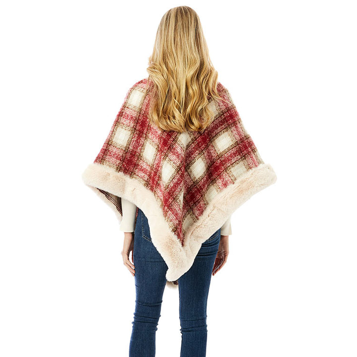 Red Plaid Check Patterned Faux Fur Trimmed Poncho, ensure your upper body stays perfectly toasty when the temperatures drop, the perfect accessory, luxurious, trendy, super soft chic capelet, keeps you warm and toasty. You can throw it on over so many pieces elevating any casual outfit! Perfect Gift Birthday, Anniversary, Christmas, Holiday, Valentine's Day or any Special Occasion.