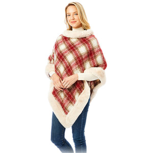 Red Plaid Check Patterned Faux Fur Trimmed Poncho, ensure your upper body stays perfectly toasty when the temperatures drop, the perfect accessory, luxurious, trendy, super soft chic capelet, keeps you warm and toasty. You can throw it on over so many pieces elevating any casual outfit! Perfect Gift Birthday, Anniversary, Christmas, Holiday, Valentine's Day or any Special Occasion.