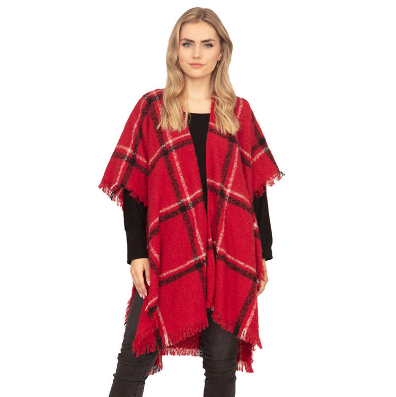 Red Polyester Fall Winter Plaid Check Poncho, the perfect accessory, luxurious, trendy, super soft chic capelet, keeps you warm and toasty. You can throw it on over so many pieces elevating any casual outfit! Perfect Gift for Wife, Mom, Birthday, Holiday, Christmas, Anniversary, Fun Night Out