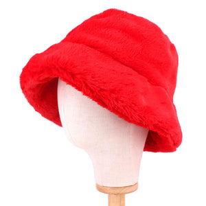Red Polyester Faux Fur Bucket Hat, stay warm and cozy, protect yourself from the cold, this most recongizable look with remarkable bold, soft & chic bucket hat, features a rounded design with a short brim. The hat is foldable, great for daytime. Perfect Gift for cold weather!