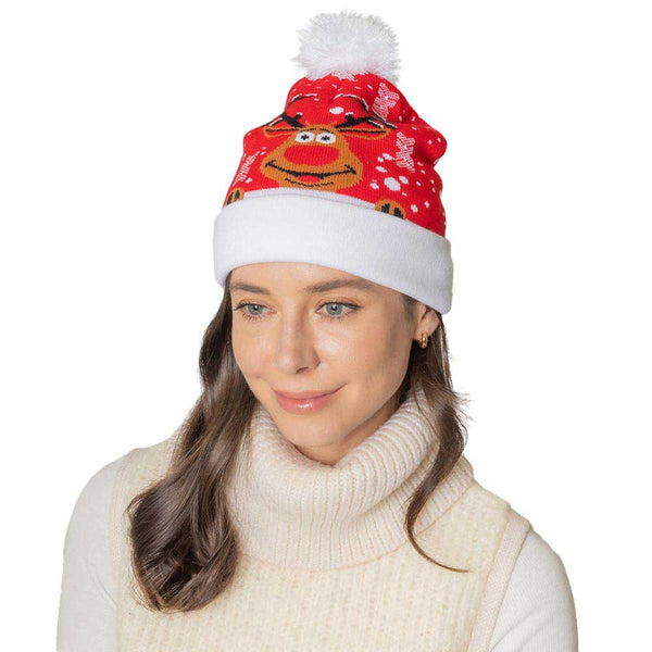 Red Reindeer Pom Holiday Beanie Hat, before running out the door into the cool air, you’ll want to reach for this toasty beanie to keep you incredibly warm. Accessorize the fun way with this beanie winter hat, it's the autumnal touch you need to finish your outfit in style. This beanie will highlight your Christmas festive outfit. Awesome winter gift accessory! Perfect Gift Birthday, Christmas, Stocking Stuffer, Secret Santa, Holiday, Anniversary, Valentine's Day, Loved One.