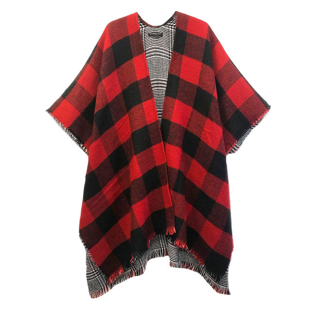 Red Reversible Plaid Check Outwear Cover Up Cape Poncho. The perfect accessory, luxurious, trendy, super soft chic capelet, keeps you warm and toasty. You can throw it on over so many pieces elevating any casual outfit! Perfect Gift for Wife, Mom, Birthday, Holiday, Christmas, Anniversary, Fun Night Out.