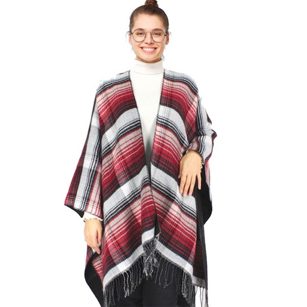Red Reversible Plaid Check Patterned Tassel Cape Poncho, with the latest trend in ladies' outfit cover-up! the high-quality knit poncho is soft, comfortable, and warm but lightweight. It's perfect for your daily, casual, evening, vacation, and other special events outfits. A fantastic gift for your friends or family.