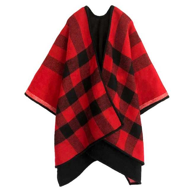 Red Reversible Plaid Check Patterned Buffalo Print Poncho Outwear Cover Up, the perfect accessory, luxurious, trendy, super soft chic capelet, keeps you warm & toasty. You can throw it on over so many pieces elevating any casual outfit! Perfect Gift Birthday, Holiday, Christmas, Anniversary, Wife, Mom, Special Occasion