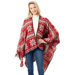 Red Reversible Snowflake Pattern Ruana, enrich your beauty with confidence with this nicely knitted poncho. You can stand out with the contrast of different outfits. Snowflake patterned with beautiful design gives a unique decorative and attractive modern look that makes your day with memorable moments. Match perfectly with jeans and T-shirts or a vest. Absolutely a stylish eye-catcher and will become one of your favorite accessories quickly.