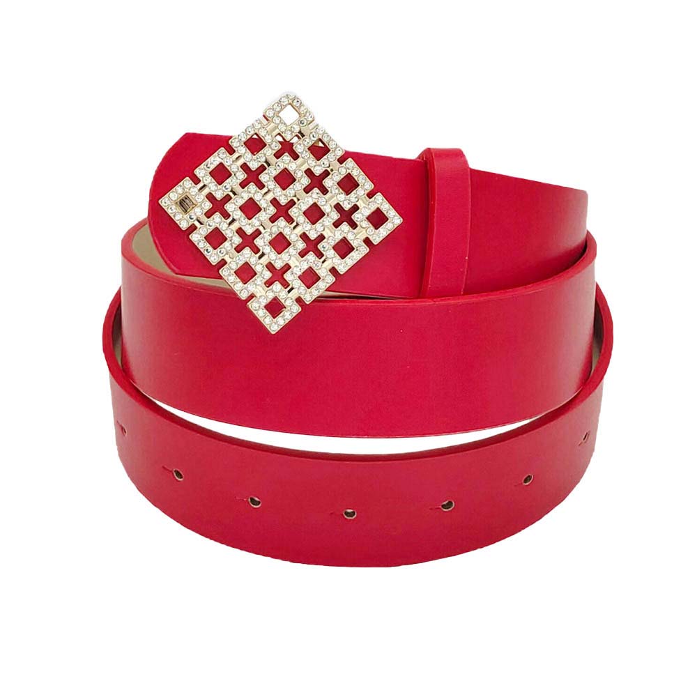 Red Rhinestone Embellished Square Buckle Faux Leather Belt, These square rhinestone belts have the versatility you may need. Western-style engraved rhinestone buckle set; The buckle, keeper, and tip all have sparkling rhinestones. This square rhinestone belt fits in perfectly on many occasions and adds sparkle to any outfit. Faux leather feels soft and comfortable in daily dress or work. A good match for a blouse, dress, skirt, jeans or sweater.