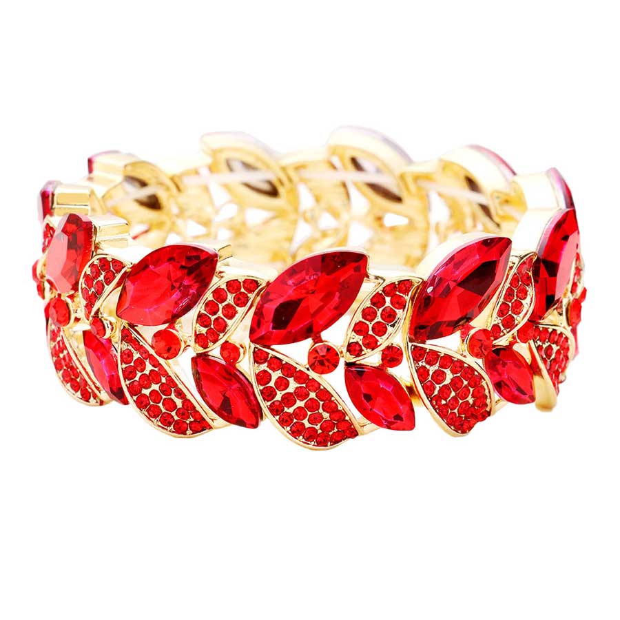 Red Rhinestone Pave Marquise Stone Leaf Stretch Evening Bracelet. Get ready with this bracelets, Beautifully crafted design adds a gorgeous glow to any outfit. Jewelry that fits your lifestyle! Perfect Birthday Gift, Anniversary Gift, Mother's Day Gift, Anniversary Gift, Graduation Gift, Prom Jewelry, Just Because Gift, Thank you Gift.