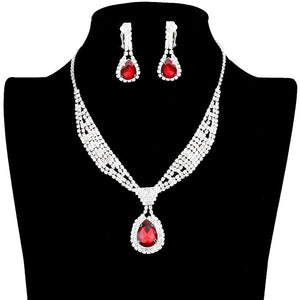 Red Rhinestone Pave Teardrop Collar Necklace & Clip Earring Set, stunning jewelry set will sparkle all night long making you shine out like a diamond. perfect for a night out on the town or a black tie party, Perfect Gift, Birthday, Anniversary, Prom, Mother's Day Gift, Sweet 16, Wedding, Quinceanera, Bridesmaid.
