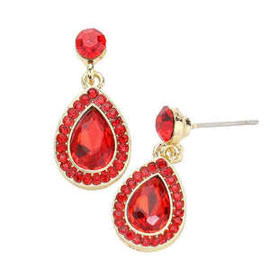 Red Rhinestone Trim Teardrop Stone Dangle Evening Earrings, This teardrop dangle earrings put on a pop of color to complete your ensemble. Beautifully crafted design adds a gorgeous glow to any outfit. Luminous Teardrop Stone and sparkling rhinestones give these stunning earrings an elegant look. Perfect for adding just the right amount of shimmer & shine. Perfect for Birthday Gift, Anniversary Gift, Mother's Day Gift, Graduation Gift.