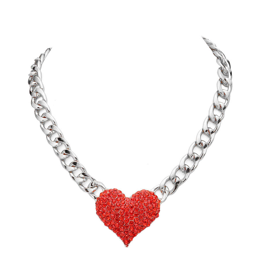 Red Rhodium Heart Rhinestone Pave Chunky Metal Chain Necklace, Get ready with these Metal Chain  Necklace, put on a pop of color to complete your ensemble. Perfect for adding just the right amount of shimmer & shine and a touch of class to special events. Perfect Birthday Gift, Anniversary Gift, Mother's Day Gift, Graduation Gift.