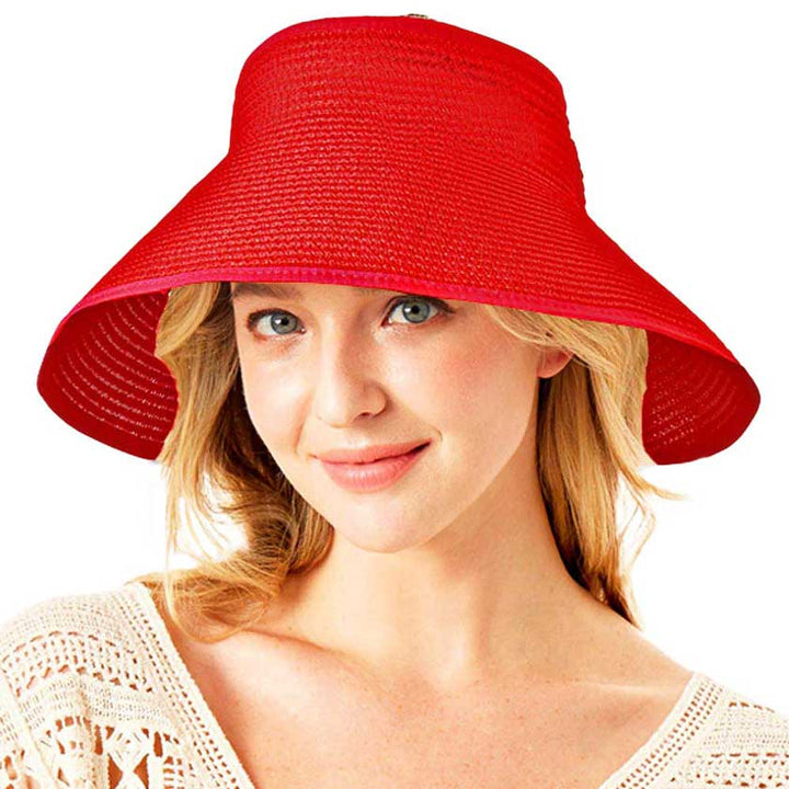 Red Roll Up Foldable Large Brim Sun Visor Hat. Keep your styles on even when you are relaxing at the pool or playing at the beach. Large, comfortable, and perfect for keeping the sun off of your face, neck, and shoulders Perfect summer, beach accessory. Ideal for travelers who are on vacation or just spending some time in the great outdoors.