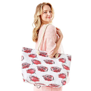 Red Rose Flower Patterned Beach Tote Bag, This rose flower patterned tote bag is versatile enough for wearing through the week, simple and leisurely, elegant and fashionable, suitable for women of all ages, and ultra-lightweight to carry around all day. The interior has enough capacity for keys, phones, cards, sunglasses, purses, lipsticks, books, and water bottles. This beach tote bag can hold up all your daily necessities.
