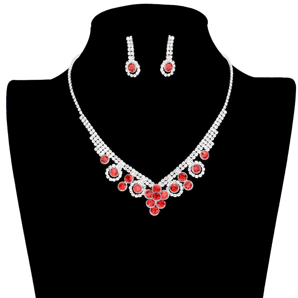 Red Round Stone Flower Accented Rhinestone Pave Necklace. Wear a pop of shine to complete your ensemble with perfect beauty with extra luxe. The perfect accessory for adding the right amount of shimmer and a touch of class to special events. These classy flower & leaf themed rhinestone pave necklaces are perfect for Party, Wedding, Evening. Awesome gift for birthday, Anniversary, Valentine’s Day, or any special occasion. Show your ultimate class!