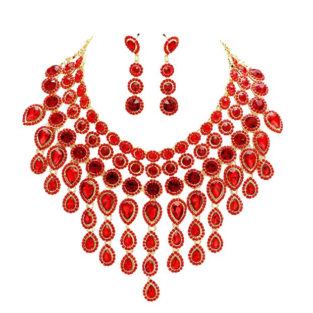 Red Round Teardrop Stone Cluster Evening Bib Necklace, This gorgeous jewelry set will show your class on any special occasion. The elegance of these stones goes unmatched, great for wearing at a party! stunning jewelry set will sparkle all night long making you shine like a diamond on special occasions. Perfect jewelry to enhance your look and for wearing at parties, weddings, date nights, or any special event.
