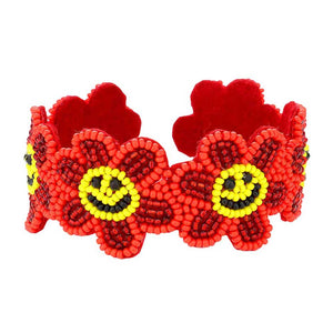 Red Seed Beaded Smile Flower Cuff Bracelet, jewelry that fits your lifestyle, adding a pop of pretty color. Enhance your your attire with this vibrant beautiful modish smile flower cuff bracelet. Goes with any of your casual outfits and Adds something extra special. Great gift idea for Birthday, Mothers day, Friendship Day or any other special day.