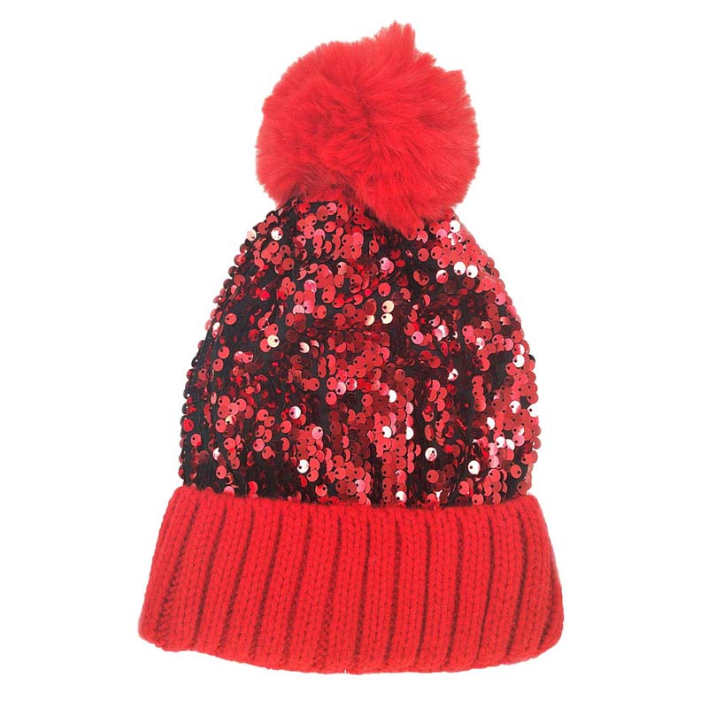 Red Sequin Pom Pom Knit Beanie Hat, Knitted Beanie is designed with sequins and pom pom, chic and lovely, to make you more charming and attractive in autumn and winter. The beanie hat for women is made from high-quality material and sequins, which is chunky and warm, making it ideal for winter warmth, while be stylish in the crowds at the same time.