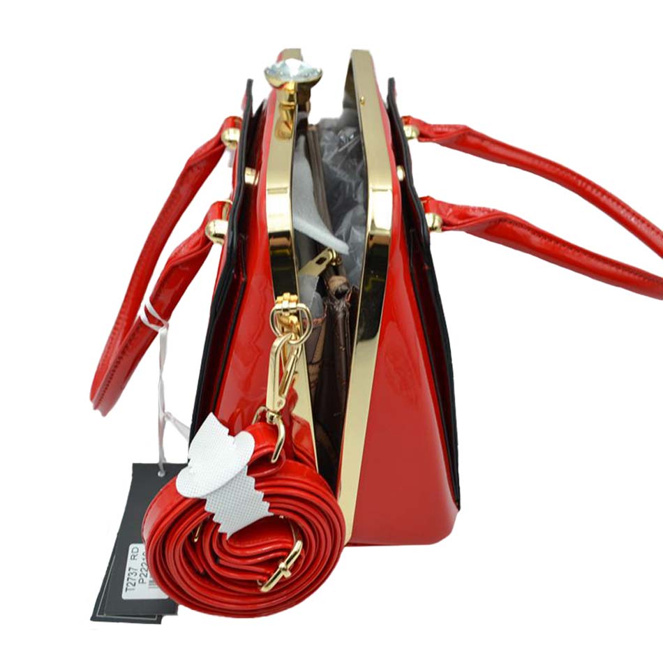Red Shiny Patent Leather Gold Hardware Shoulder Bags for Women, These trendy Shoulder Bags feature a vegan patent leather material with Gold metal hardware. Its unique shape and stunning jeweled clasp will bring in compliments. It comes with a removable long shoulder strap for casual shoulder or cross-body wear. This fun, yet sophisticated handbag will definitely draw attention.