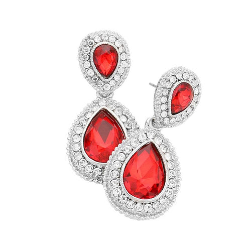 Women's Rhinestone Trim Teardrop Evening Dangle Earrings - Red