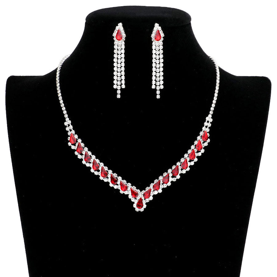 Red Silver Teardrop Stone Accented Collar Rhinestone Pave Necklace, These gorgeous Rhinestone pieces will show your class on any special occasion. The elegance of these rhinestones goes unmatched. Brings a gorgeous glow to your outfit to show off royalty on any special occasion. Perfect for adding just the right amount of glamour and sophistication to important occasions. These classy Rhinestone Jewelry Sets are perfect for parties, Weddings, and Evenings.