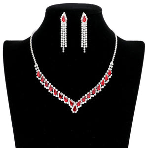 Red Silver Teardrop Stone Accented Collar Rhinestone Pave Necklace, These gorgeous Rhinestone pieces will show your class on any special occasion. The elegance of these rhinestones goes unmatched. Brings a gorgeous glow to your outfit to show off royalty on any special occasion. Perfect for adding just the right amount of glamour and sophistication to important occasions. These classy Rhinestone Jewelry Sets are perfect for parties, Weddings, and Evenings.