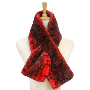 Red Snake Skin Patterned Faux Fur Pull Through Scarf, delicate, warm, on trend & fabulous, a luxe addition to any cold-weather ensemble. Great for daily wear in the cold winter to protect you against chill, classic infinity-style scarf & amps up the glamour with plush material that feels amazing snuggled up against your cheeks.