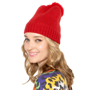 Red Solid Knit Beanie Hat With Faux Fur Pom, accessorize the fun way with this faux fur pom solid knit beanie hat to keep yourself warm and toasty and enrich your beauty with luxe. The autumnal touch you need to finish your outfit in style. Awesome winter gift accessory! Perfect Gift for Birthdays, Christmas, holidays, anniversaries, and Valentine’s Day to your friends, family, and Loved Ones. 