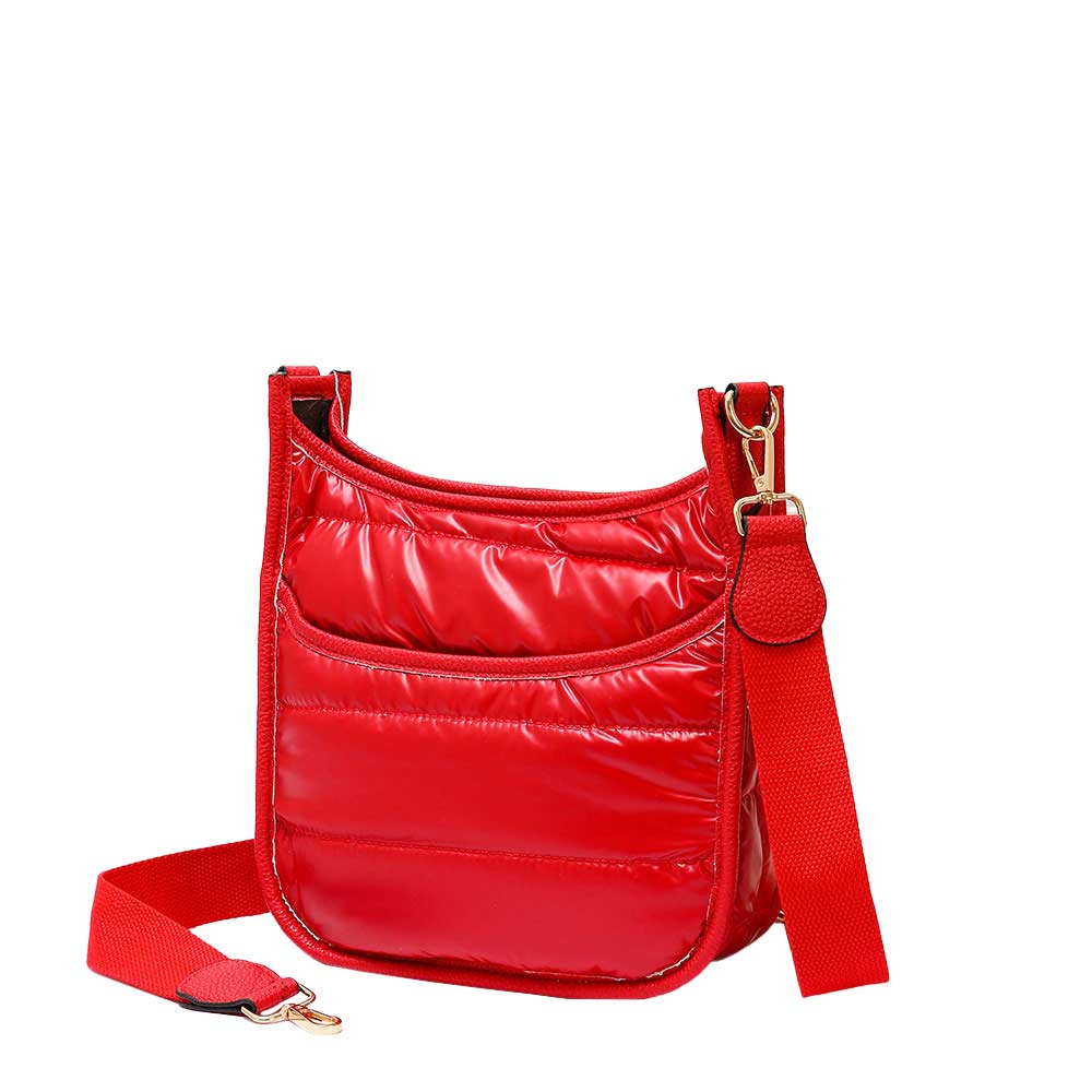 Red Solid Quilted Shiny Puffer Mini Crossbody Bag, Complete the look of any outfit on all occasions with this Shiny Puffer Mini Crossbody. these mini bag offers enough room for your essentials. With a One Inside Zipper Pocket, three two inside slip pockets and a secured Magnetic Closure at the top, this bag will be your new go to! These beautiful and trendy Crossbody have adjustable and detachable hand straps that make your life more comfortable.