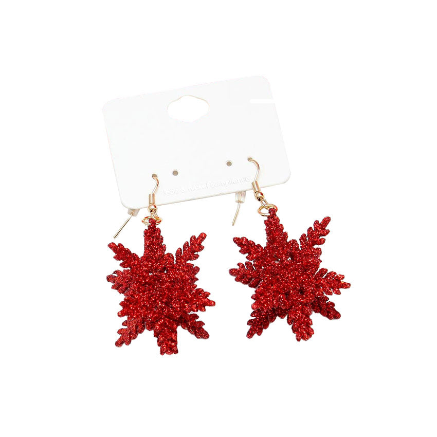 Red Sparkle Snowflake Dangle Earrings, beautifully crafted design adds a gorgeous glow to any outfit with Christmas theme. Get into the Christmas spirit with our gorgeous Christmas Snowflake dangle earrings with perfect style. Bright snowflake design with different colors and pattern will make the perfect choice to your Christmas costumes. Ideal gift for you loved ones, girlfriend, wife, daughter, sisters, etc. Share joy and beauty with your family on Christmas.