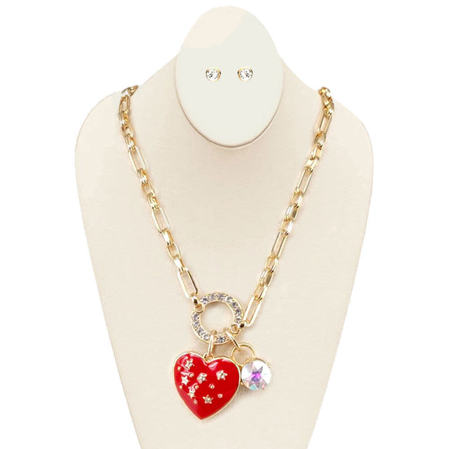 Red Star Pointed Enamel Heart Round Stone Pendant Necklace, Get ready with these Pendant Necklace, put on a pop of color to complete your ensemble. Perfect for adding just the right amount of shimmer & shine and a touch of class to special events. Perfect Birthday Gift, Anniversary Gift, Mother's Day Gift